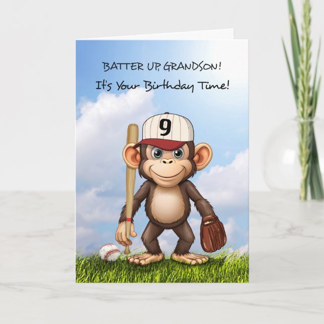 9th Birthday Grandson Baseball Monkey Bat Ball Card (Front)