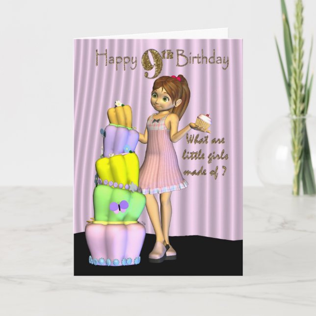 9th Birthday, Happy Birthday Card little girl with (Front)