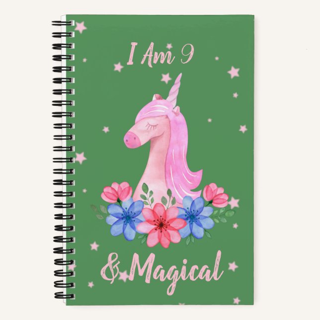 9th BIrthday I am 9 & Magical Unicorn  Notebook (Front)