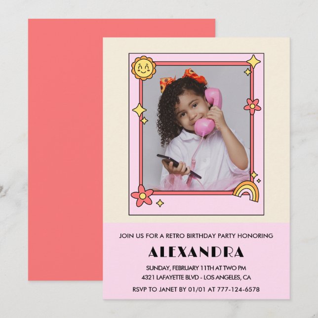 9th birthday invitation Retro Groovy Pink Floral (Front/Back)
