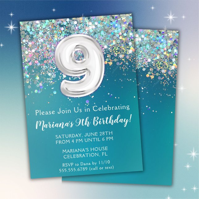9th Birthday Invitation Teal Silver Glitter (Creator Uploaded)