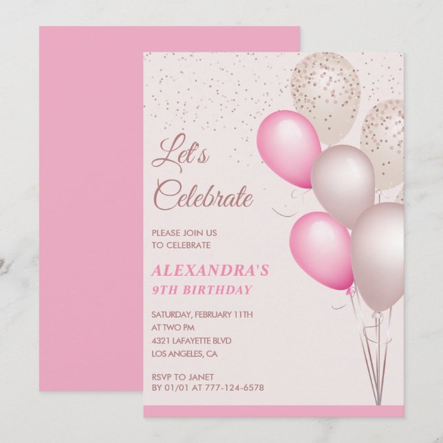 9th birthday invitations Balloons Pink Confetti (Front/Back)
