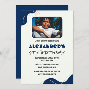 9th birthday invitations Boy Navy Simple Photo