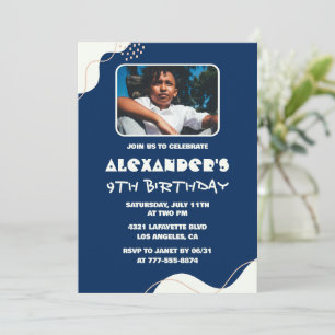 9th birthday invitations Boy Photo Simple Navy 