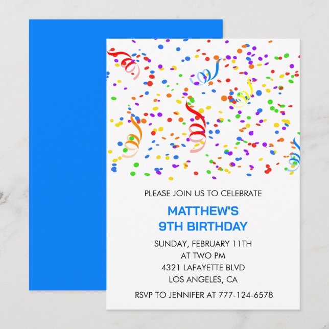 9th birthday invitations Confetti Rainbow Boy (Front/Back)