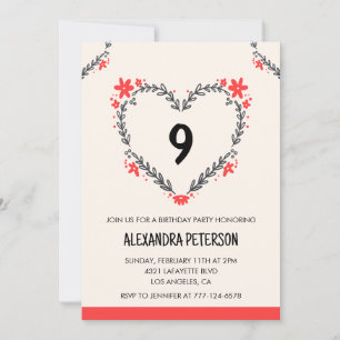 9th birthday invitations for her floral heart