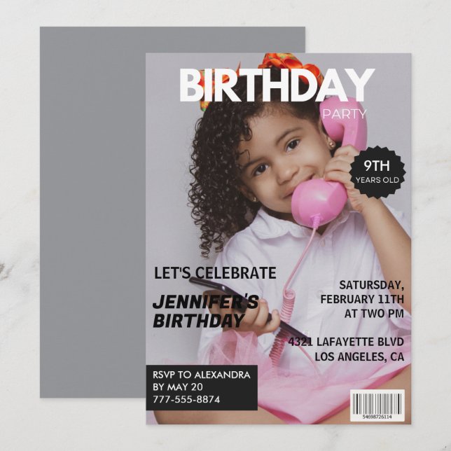 9th birthday invitations for her Magazine Cover (Front/Back)