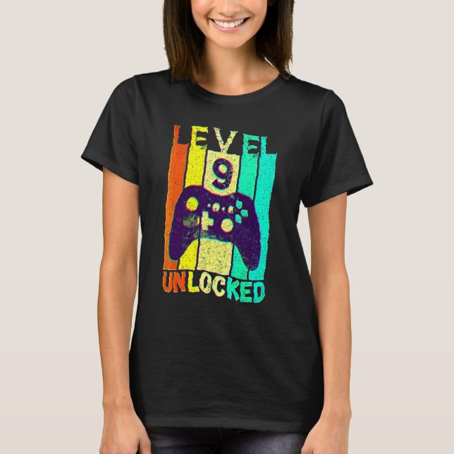9th Birthday Level 9 Unlocked Video Game Gamer Boy T-Shirt (Front)