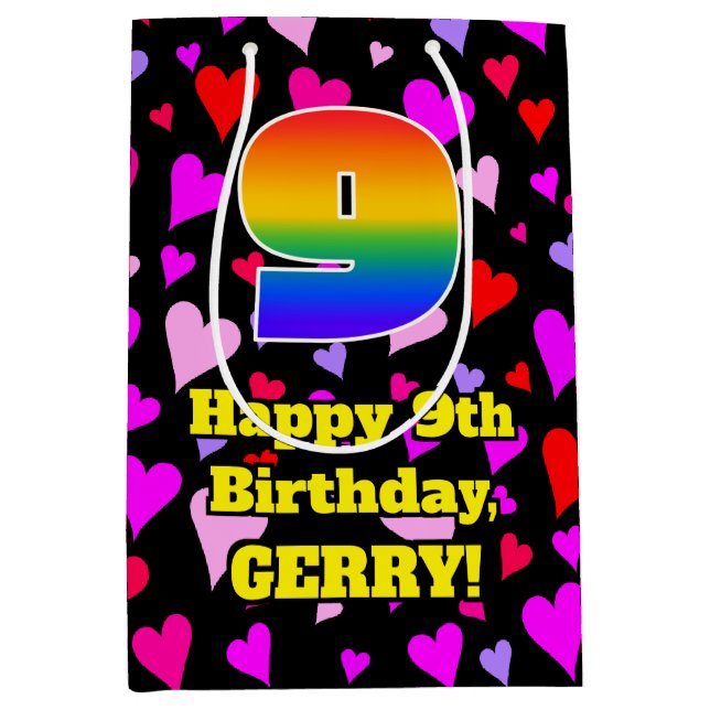 9th Birthday: Loving Hearts Pattern, Rainbow # 9 Medium Gift Bag (Front)