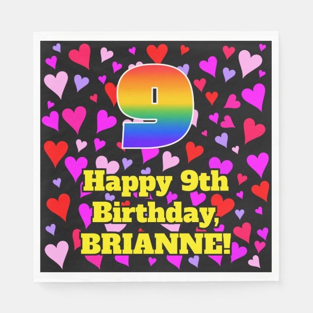 9th Birthday: Loving Hearts Pattern, Rainbow # 9 Napkin (Front)