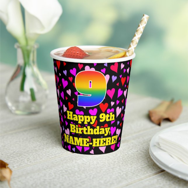 9th Birthday: Loving Hearts Pattern, Rainbow 9 Paper Cups (Insitu)