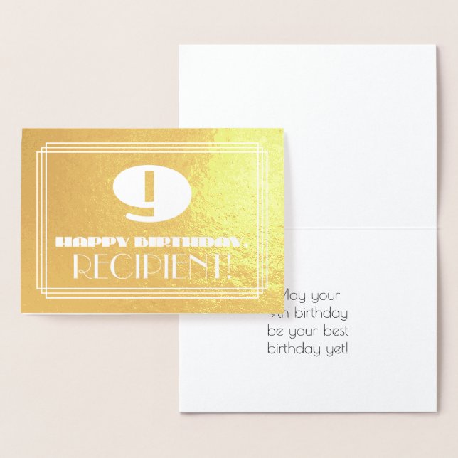 9th Birthday: Name + Art Deco Inspired Look "9" Foil Card (Display)
