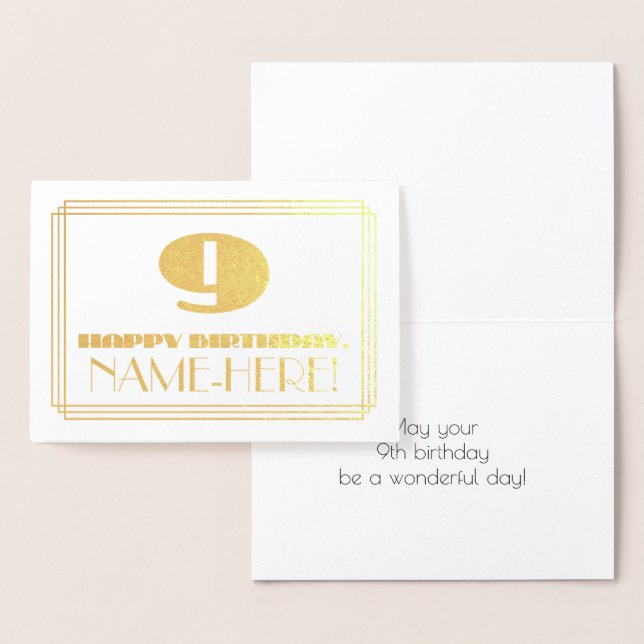 9th Birthday; Name + Art Deco Inspired Look "9" Foil Card (Display)