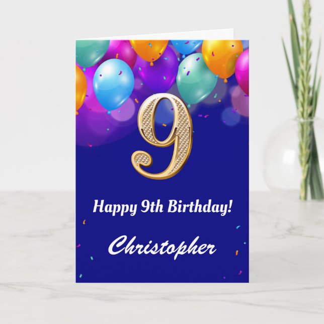 9th Birthday Navy Blue and Gold Colourful Balloons Card (Front)