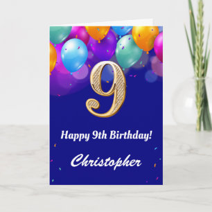 9th Birthday Navy Blue and Gold Colourful Balloons Card