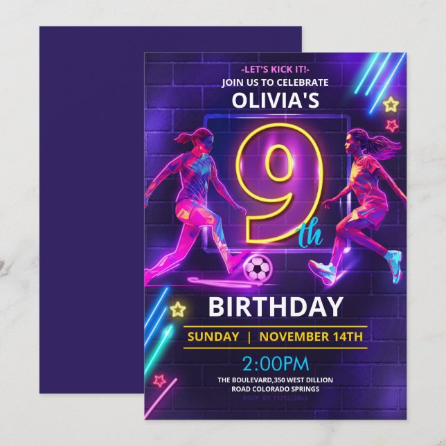 9th Birthday Neon Soccer Invitation (Front/Back)