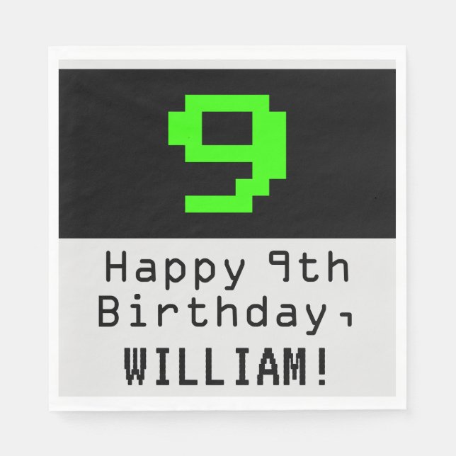 9th Birthday - Nerdy / Geeky Style "9" & Name Napkin (Front)