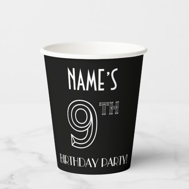 9th Birthday Party: Art Deco Style + Custom Name Paper Cups (Front)