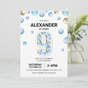 9th Birthday Party, Blue and Gold Balloon Boy Invitation