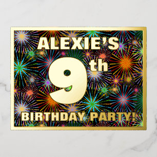 9th Birthday Party: Bold, Colourful Fireworks Look Foil Invitation Postcard