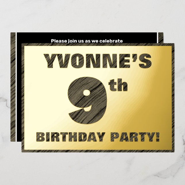 9th Birthday Party — Bold, Faux Wood Grain Text (Front/Back)