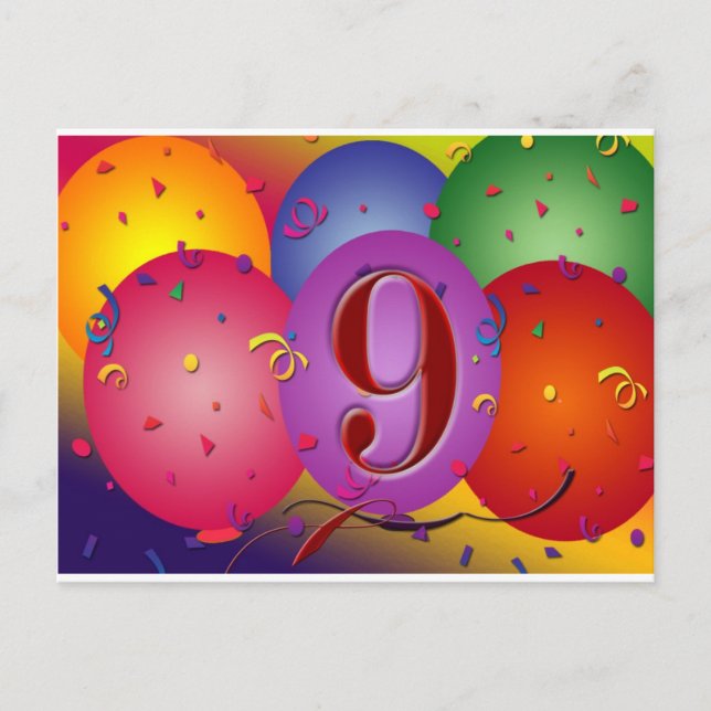 9th Birthday Party Colourful balloons Postcard (Front)