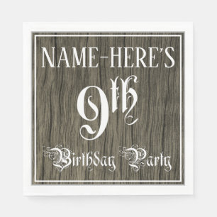 9th Birthday Party — Fancy Script, Faux Wood Look Napkin