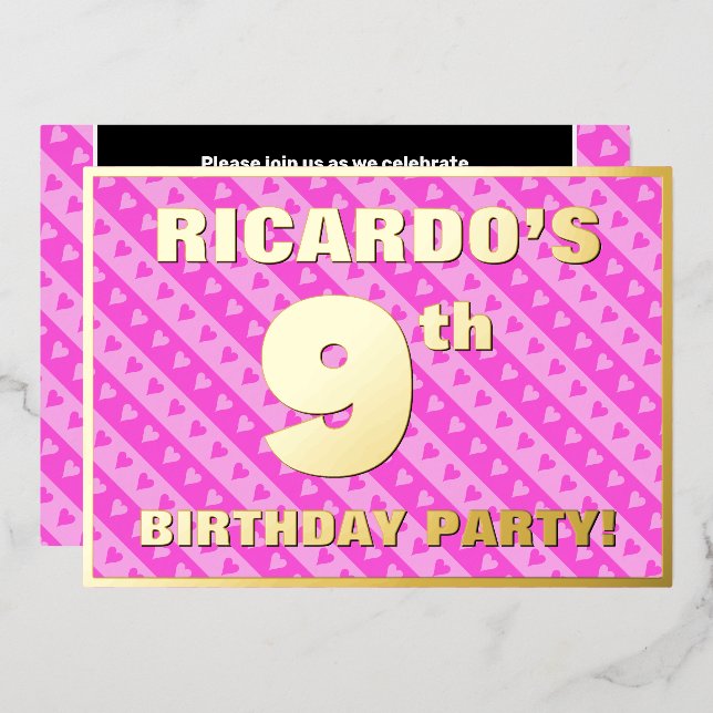 9th Birthday Party — Fun Pink Hearts and Stripes (Front/Back)