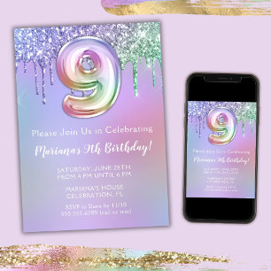 9th Birthday Party Invitation Purple Pink Glitter
