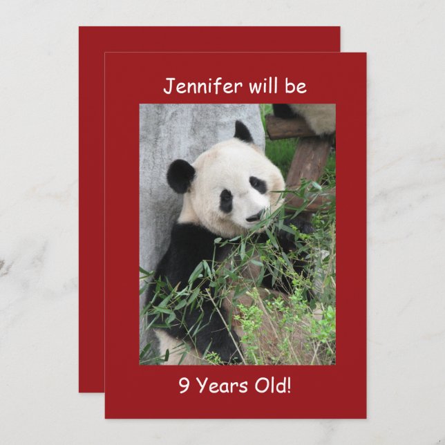 9th Birthday Party, Name, Giant Pandas Red Invitation (Front/Back)