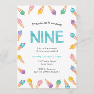 9th Birthday Party   Rainbow Ice cream invitation
