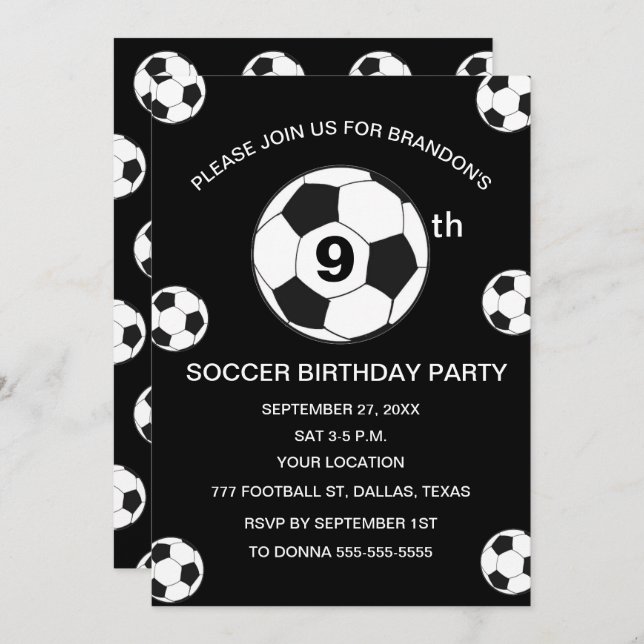 9th Birthday Party Soccer Black Boys Sports Invitation (Front/Back)