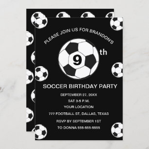 9th Birthday Party Soccer Black Boys Sports Invitation