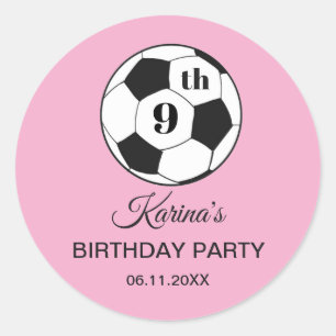 9th Birthday Party Soccer Pink Girls Sports Classic Round Sticker
