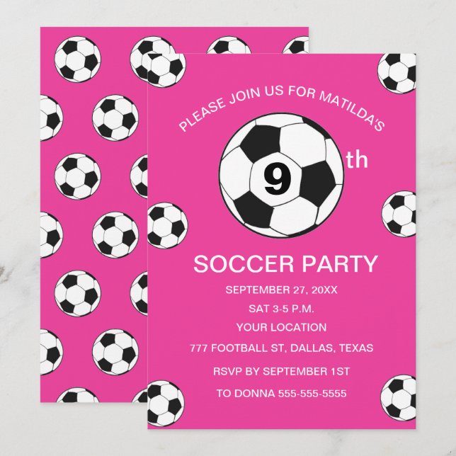 9th Birthday Party Soccer Pink Girls Sports Invitation (Front/Back)