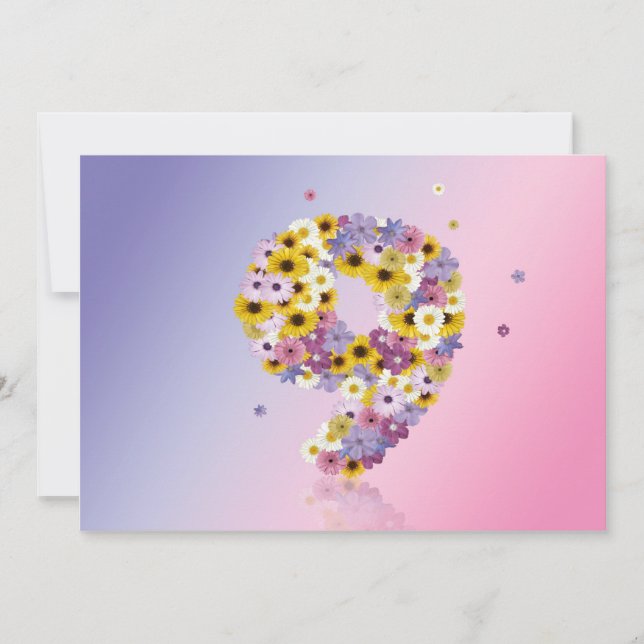 9th Birthday party, with flowered letters Invitation (Front)