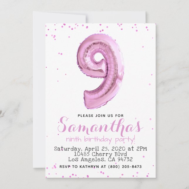 9th Birthday Pastel Pink Balloon Invitation (Front)