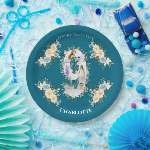 9th Birthday Photo Collage Blue Yellow Flower Teal Paper Plate