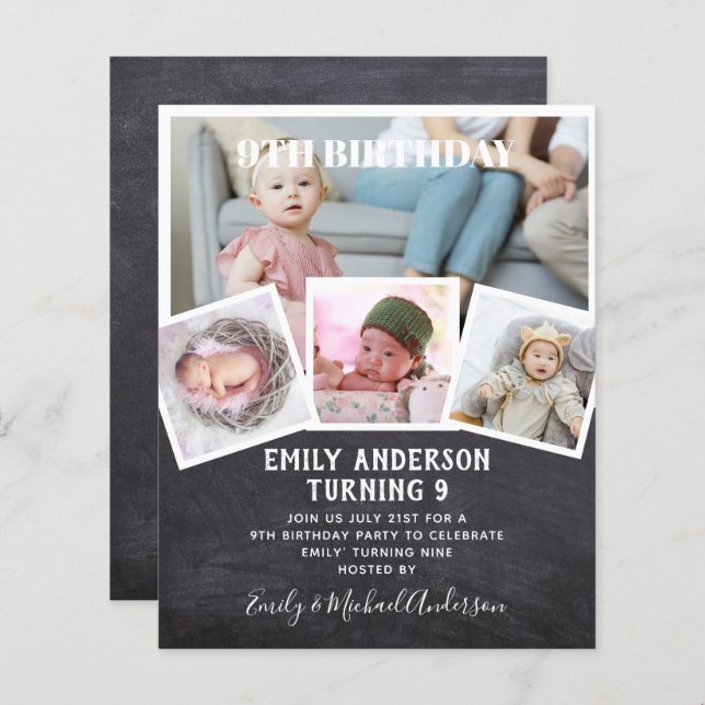 9TH Birthday Photo Collage Invite Boy Girl Mixed (Front/Back)