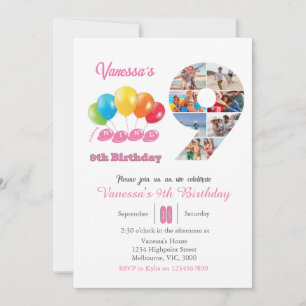 9th birthday photo collage number 9 Girl  Invitation