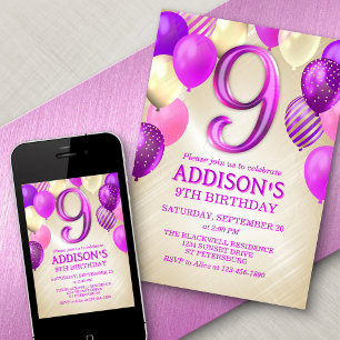 9th Birthday Pink Balloons Invitation