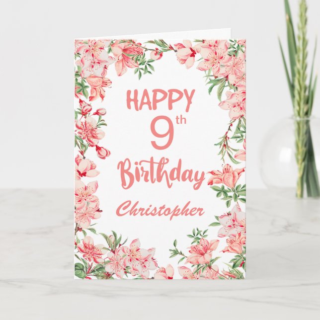 9th Birthday Pink Peach Peonies Watercolor Floral  Card (Front)