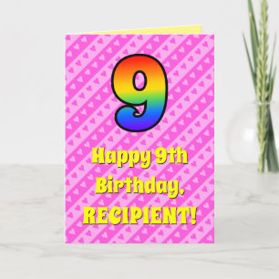 9th Birthday: Pink Stripes & Hearts, Rainbow # 9 Card