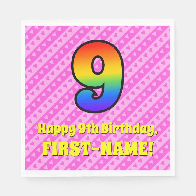 9th Birthday: Pink Stripes & Hearts, Rainbow # 9 Napkin (Front)
