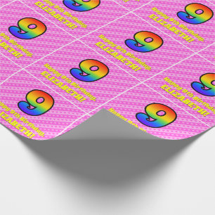 9th Birthday: Pink Stripes & Hearts, Rainbow # 9 Wrapping Paper