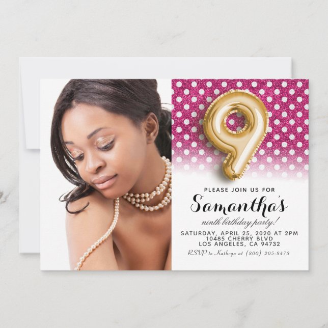 9th Birthday Polkadot Portrait Invitation (Front)