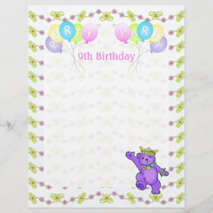 9th Birthday Princess Bear Party Scrapbook Paper 1