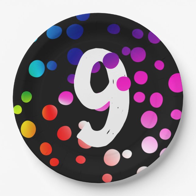9th Birthday Rainbow Dots Paper Plate (Front)