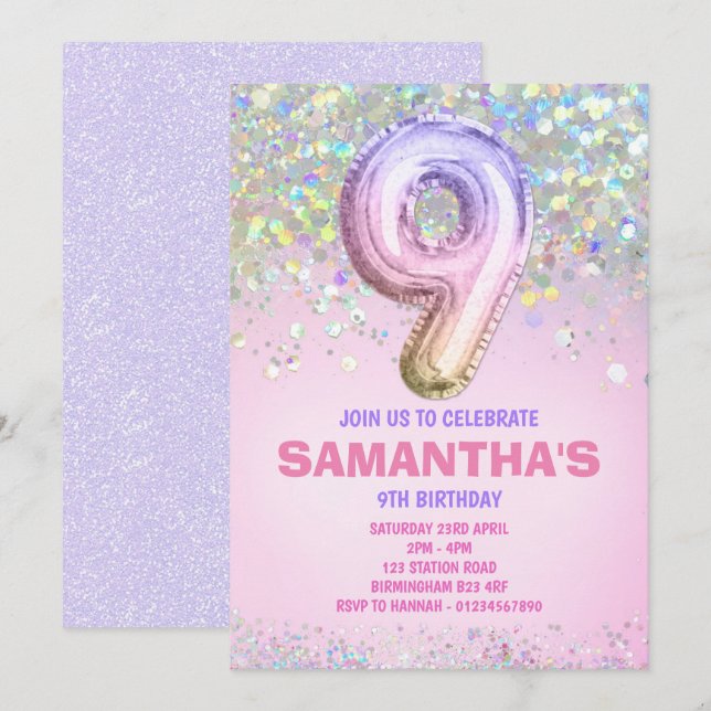 9th Birthday, Rainbow Glitter Birthday Invitation (Front/Back)