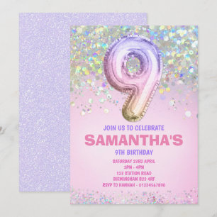 9th Birthday, Rainbow Glitter Birthday Invitation